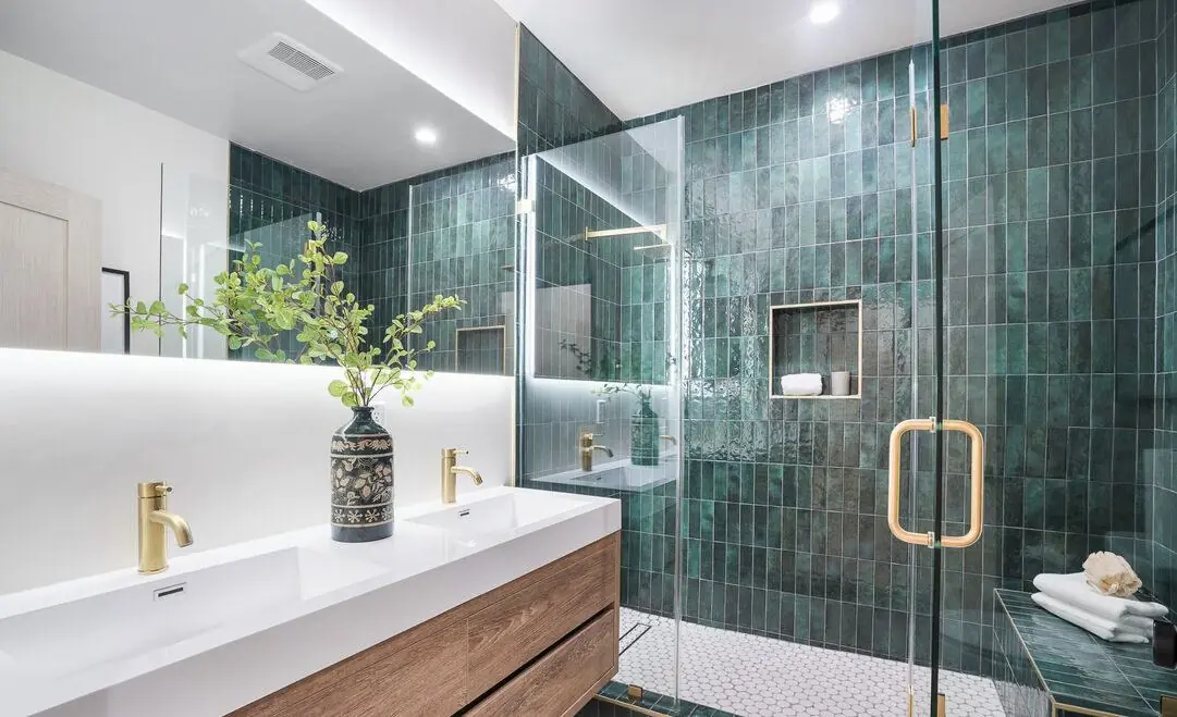 Primary bathroom, green zellige tile and oak vanity
