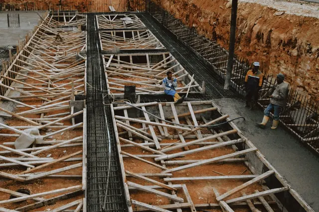 Foundation formwork and reinforcing steel before the pour