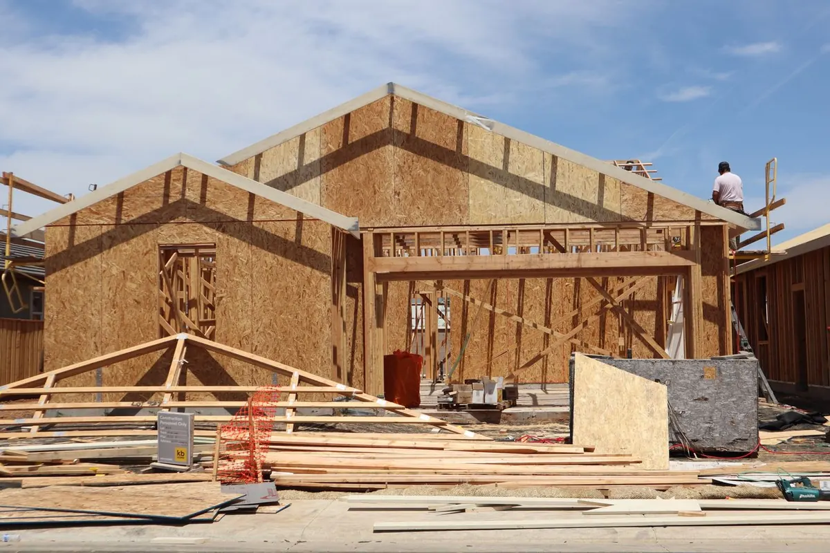 Roof framing going up on a single-storey addition