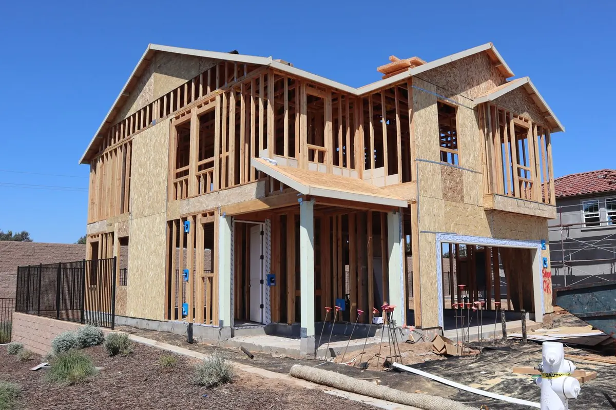 Wood framing on a two-storey house under construction